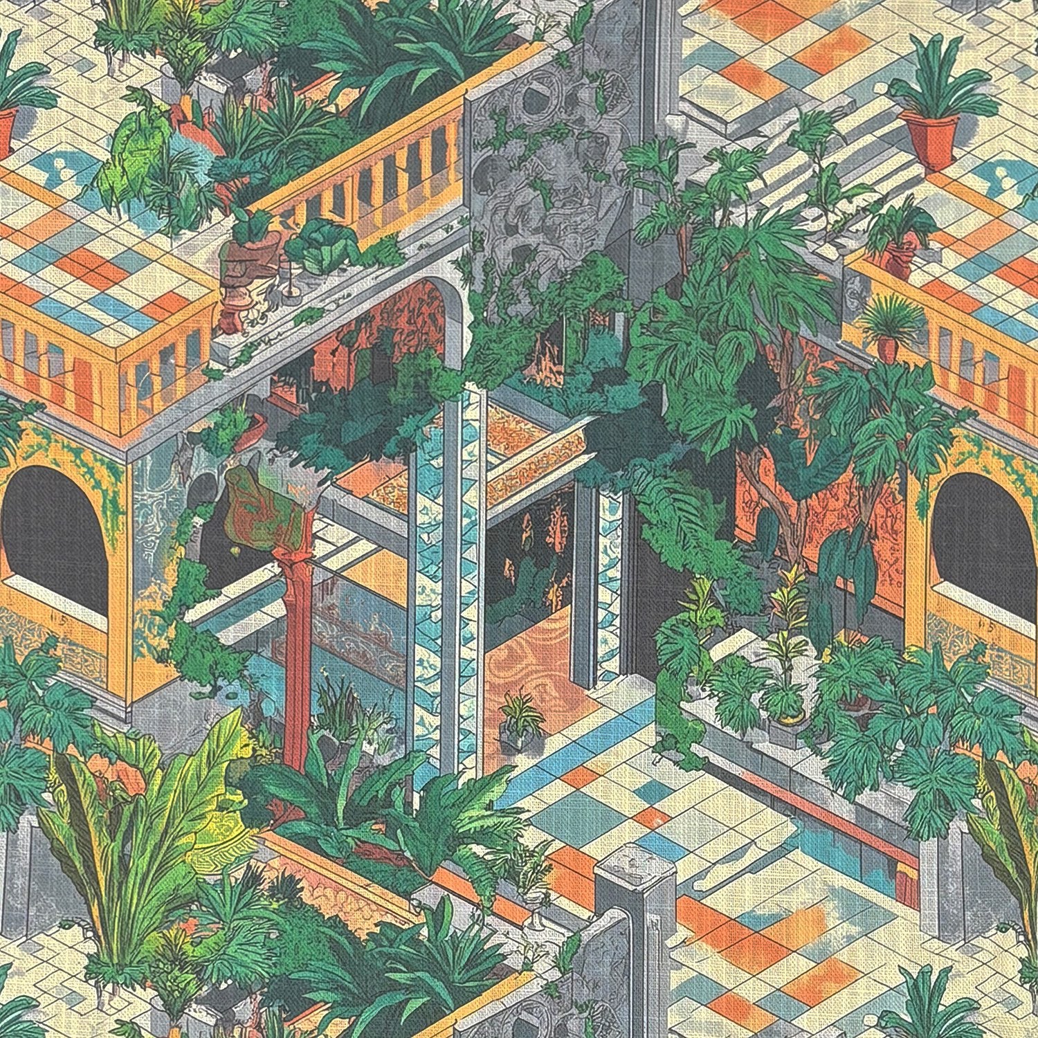 Labyrinth No.3 curtain fabric flat image featuring geometric maze-style architectural pattern