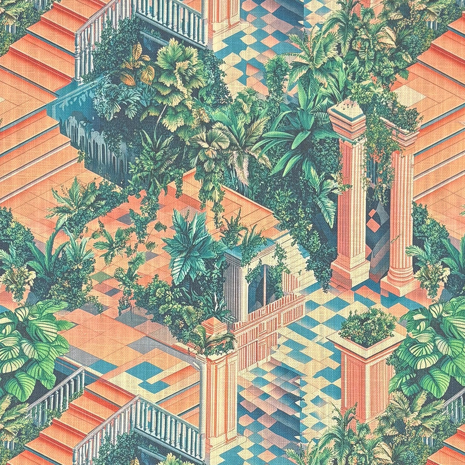 Labyrinth No.5 curtain fabric flat view showing geometric maze garden pattern in green and coral tones