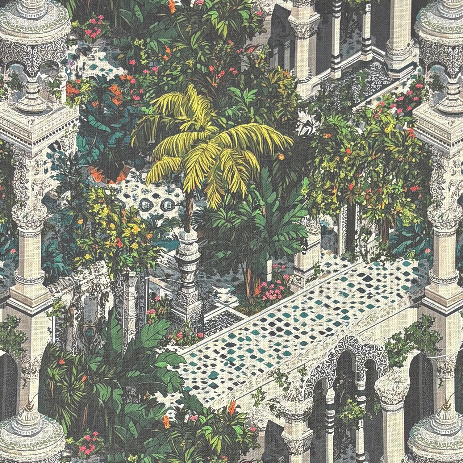 Labyrinth No.7 Curtain Fabric with architectural maze pattern and botanical detail