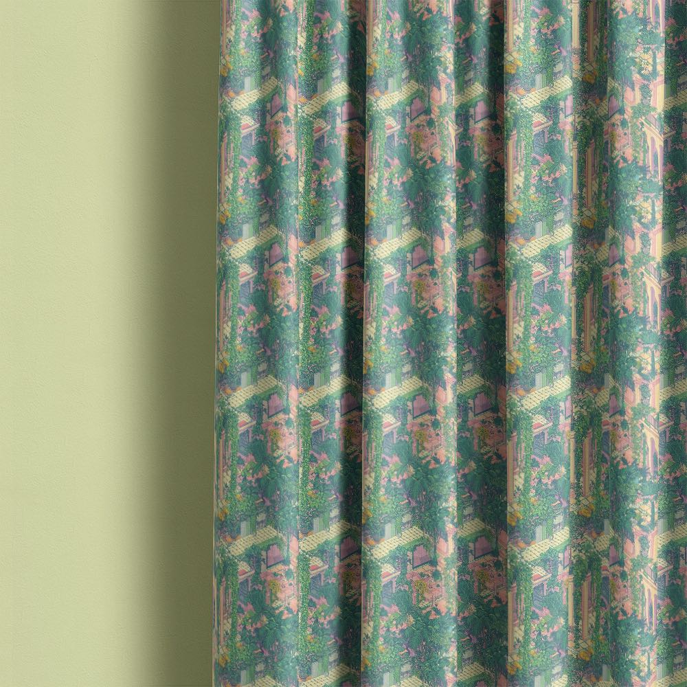 Labyrinth No.1 curtain fabric in situ displaying geometric courtyard design with soft pink, sage green and tiled walkways