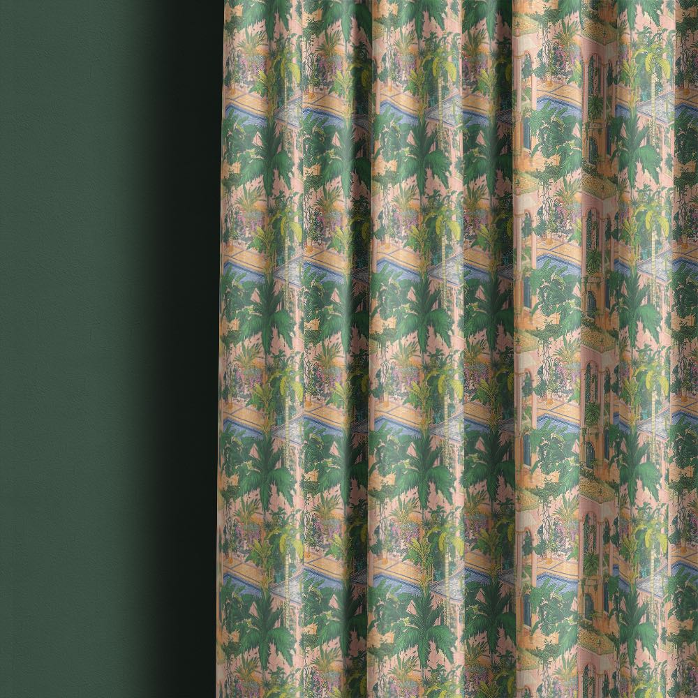 Labyrinth No.2 curtain fabric displayed as full length curtains showing geometric maze design and botanical detail