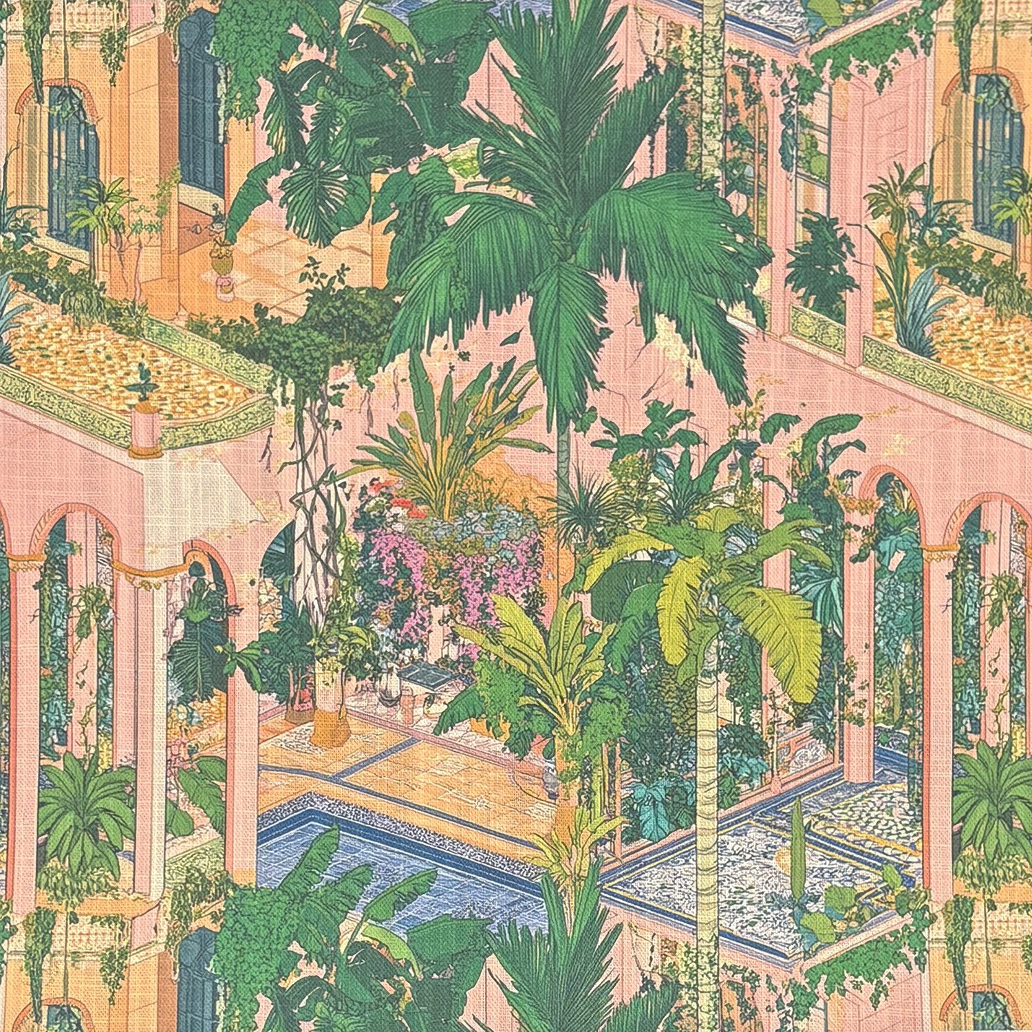 Flat image of Labyrinth No.2 scenic pink and green floral upholstery fabric