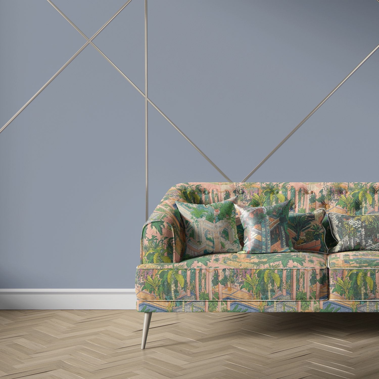 Sofa upholstered in Labyrinth No.2 scenic pink and green floral upholstery fabric in modern interior