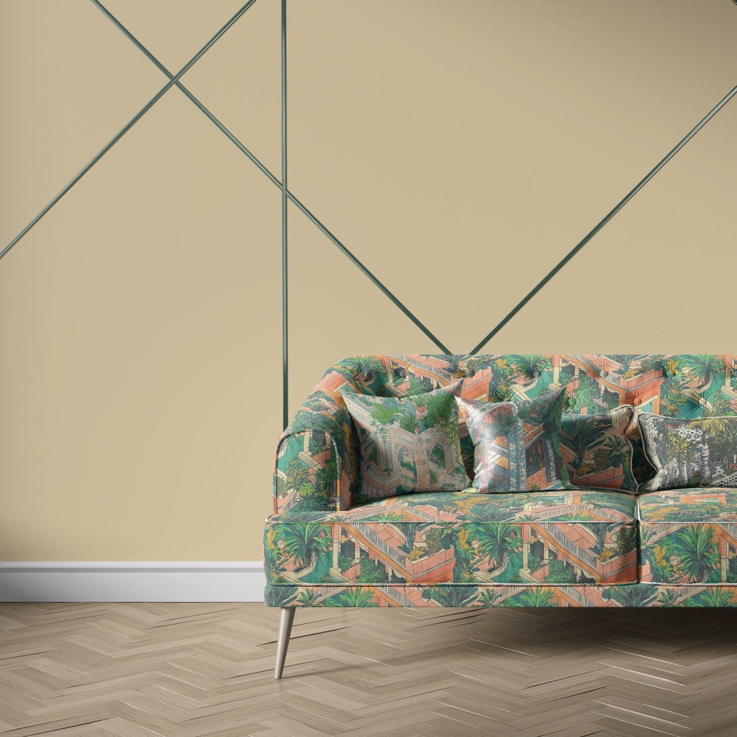 Labyrinth No.4 statement sofa in tropical architectural print upholstery fabric