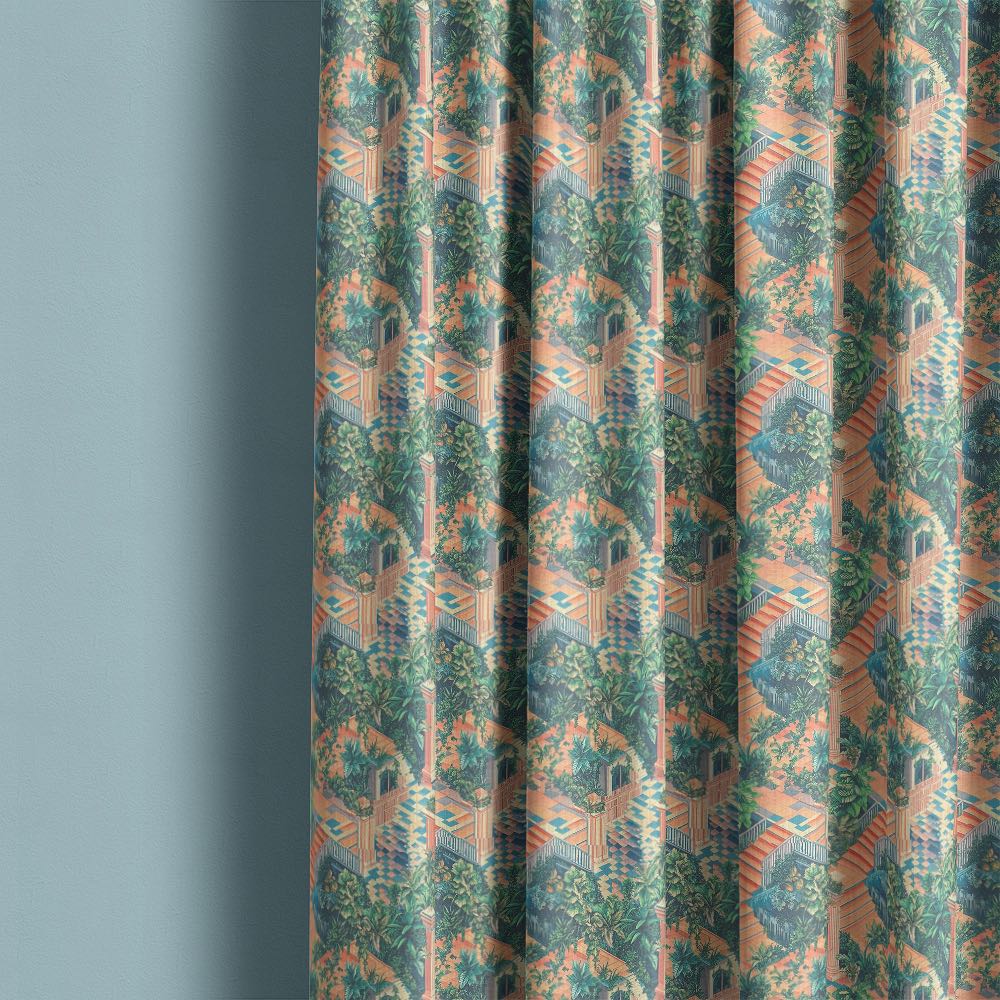 Labyrinth No.5 curtain fabric styled as full length curtains with architectural garden design