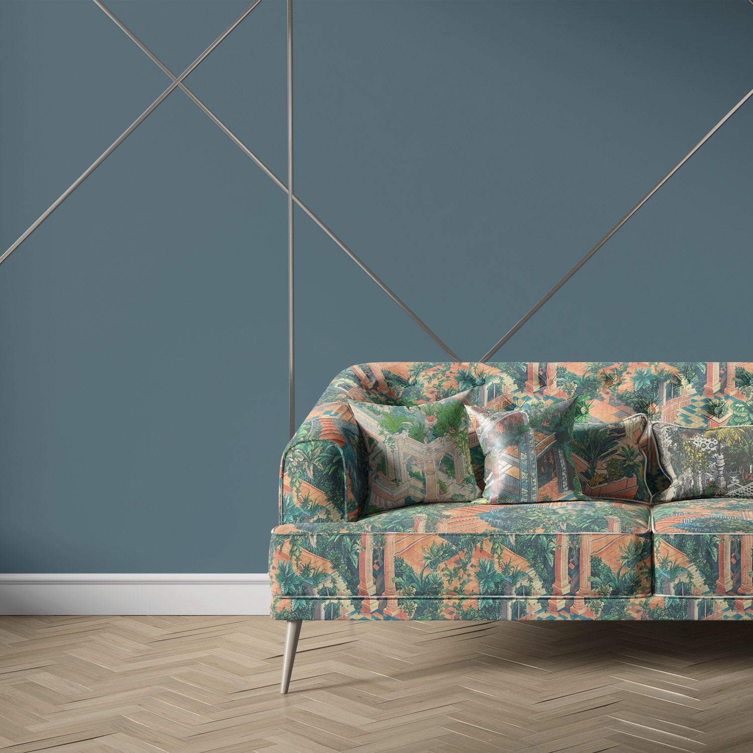 Labyrinth Upholstery Fabric No.5 sofa – scenic tropical garden design upholstery fabric in coral, green, and terracotta tones