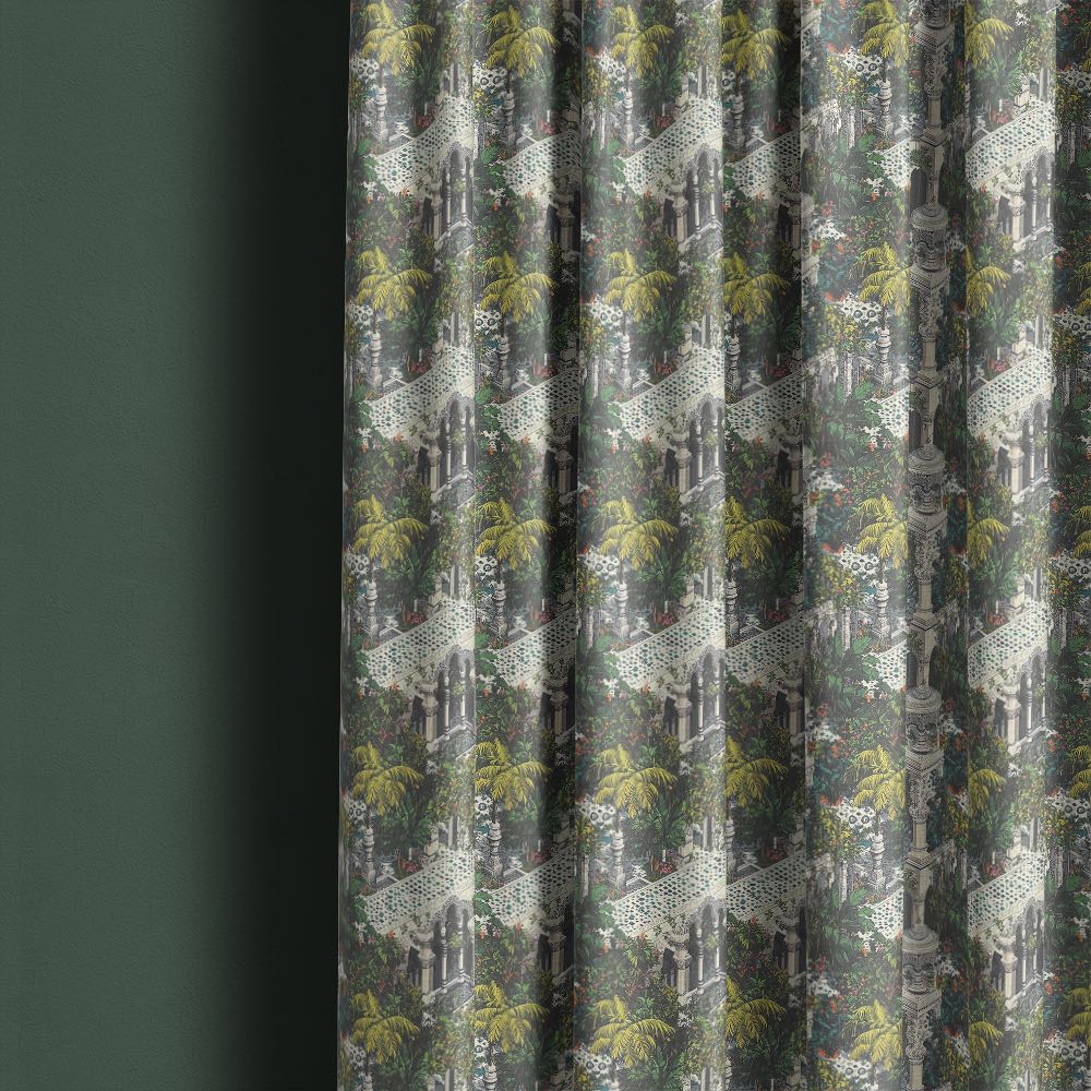 Labyrinth No.7 curtain fabric styled as full-length curtains in a statement interior