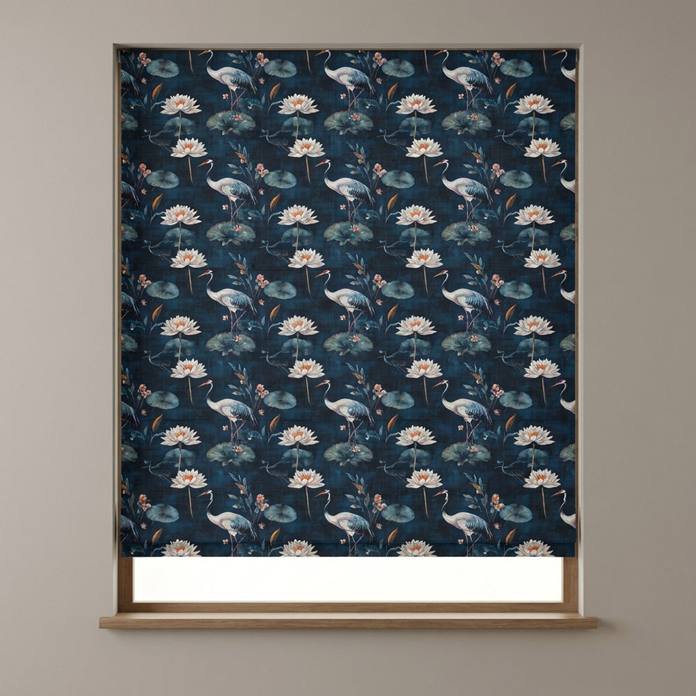 Lotus No.1 navy floral linen curtain fabric shown as a Roman blind