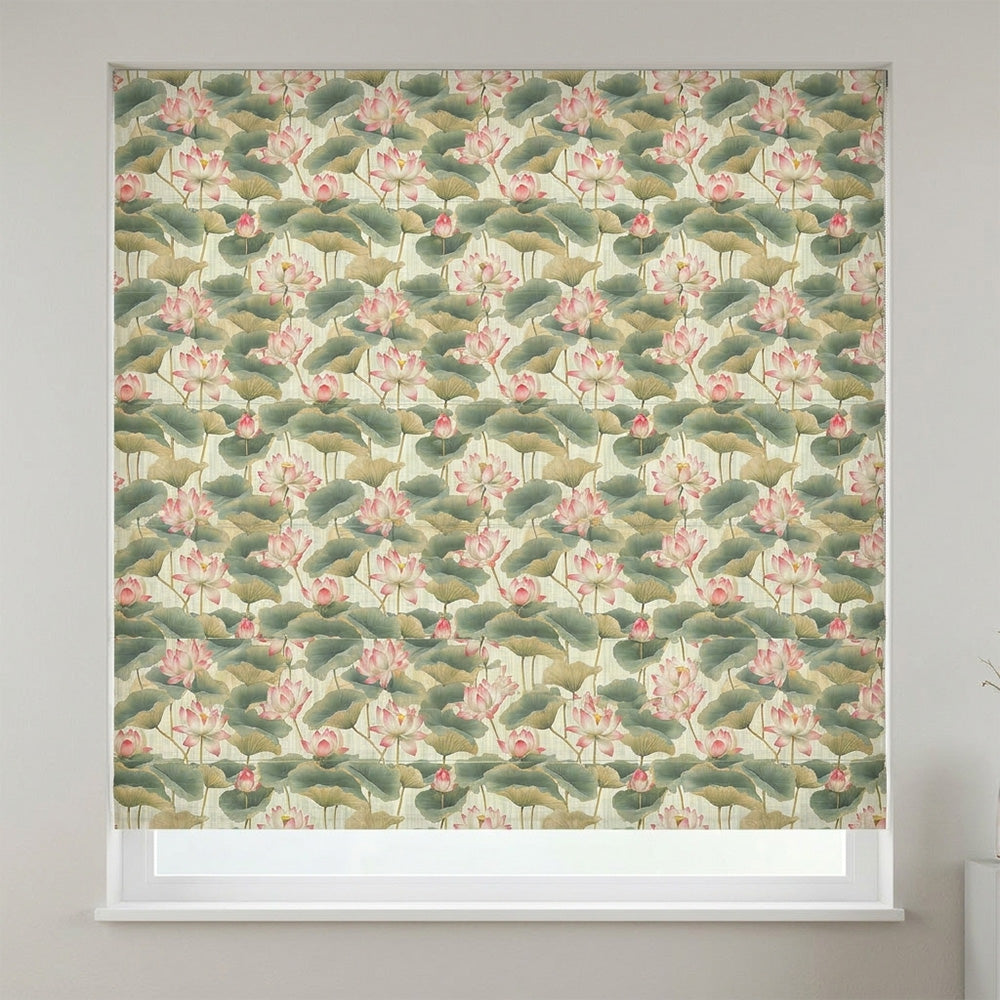 Lotus No.2 pink green floral linen curtain fabric shown as a Roman blind