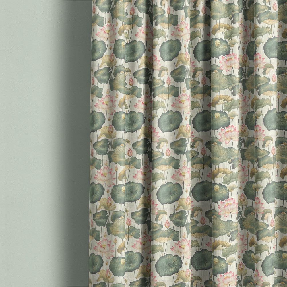 Lotus No.4 green and pink floral linen curtain fabric shown as full length curtains
