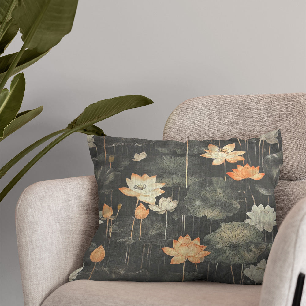 Lotus No.6 charcoal and peach floral linen curtain fabric shown on a cushion