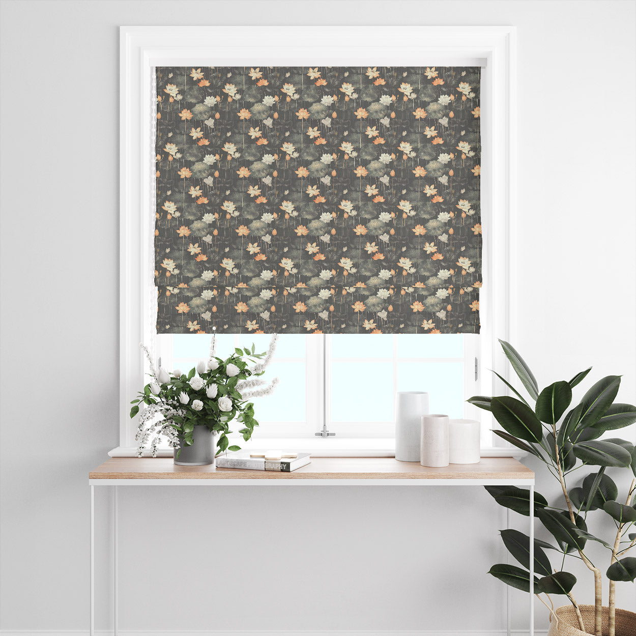 Lotus No.7 orange and grey floral linen curtain fabric shown as a Roman blind