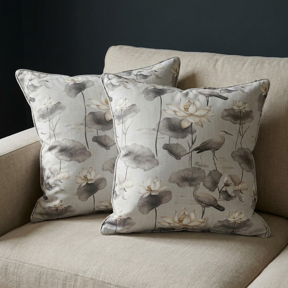 Lotus No.8 neutral grey floral linen curtain fabric shown on a cushion