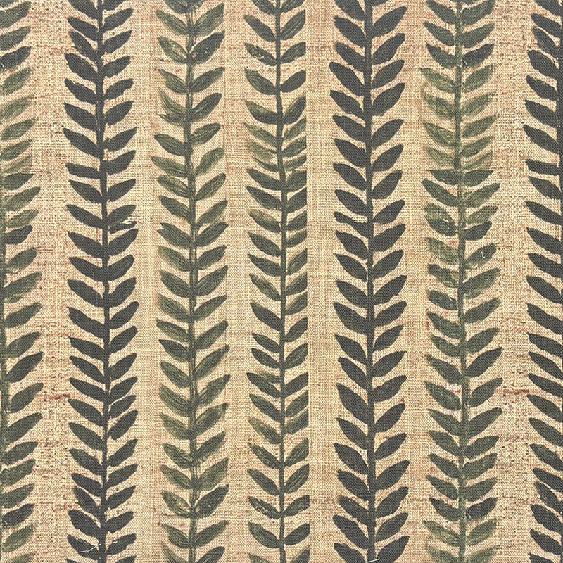 Lovverk Stripe No.11 green and charcoal leaf stripe upholstery fabric on a warm beige ground
