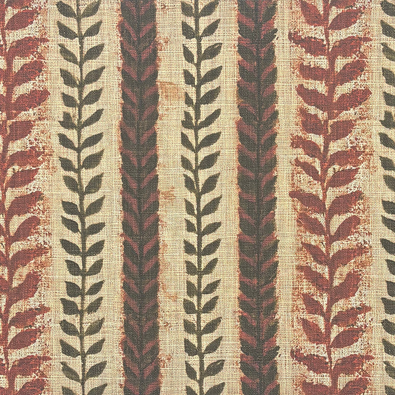 Lovverk Stripe No.6 rust red and olive green leaf stripe upholstery fabric on a natural ground
