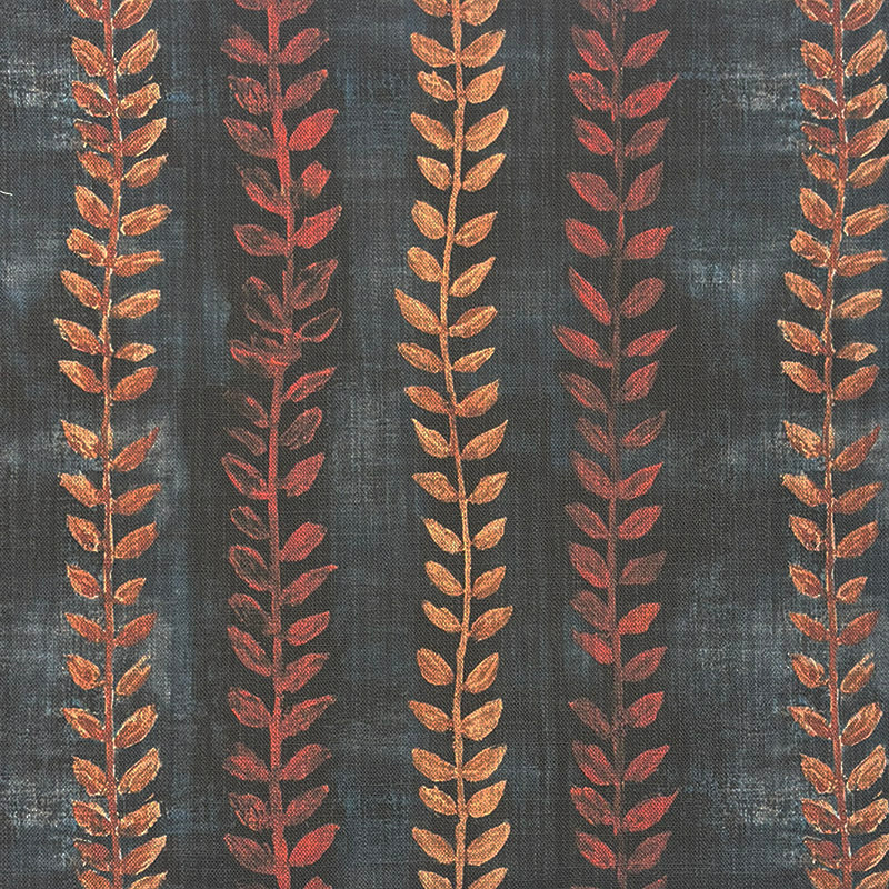 Lovverk Stripe No.8 rust orange leaf stripe upholstery fabric on a deep blue-grey ground