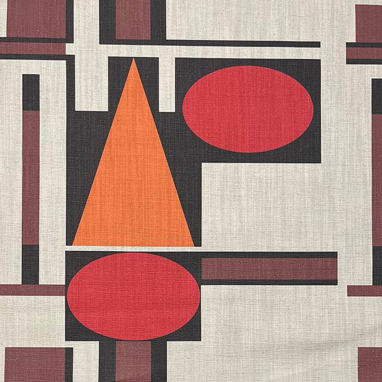 Bauhaus-inspired upholstery fabric with terracotta circles and triangle – Malaga No.12 flat lay