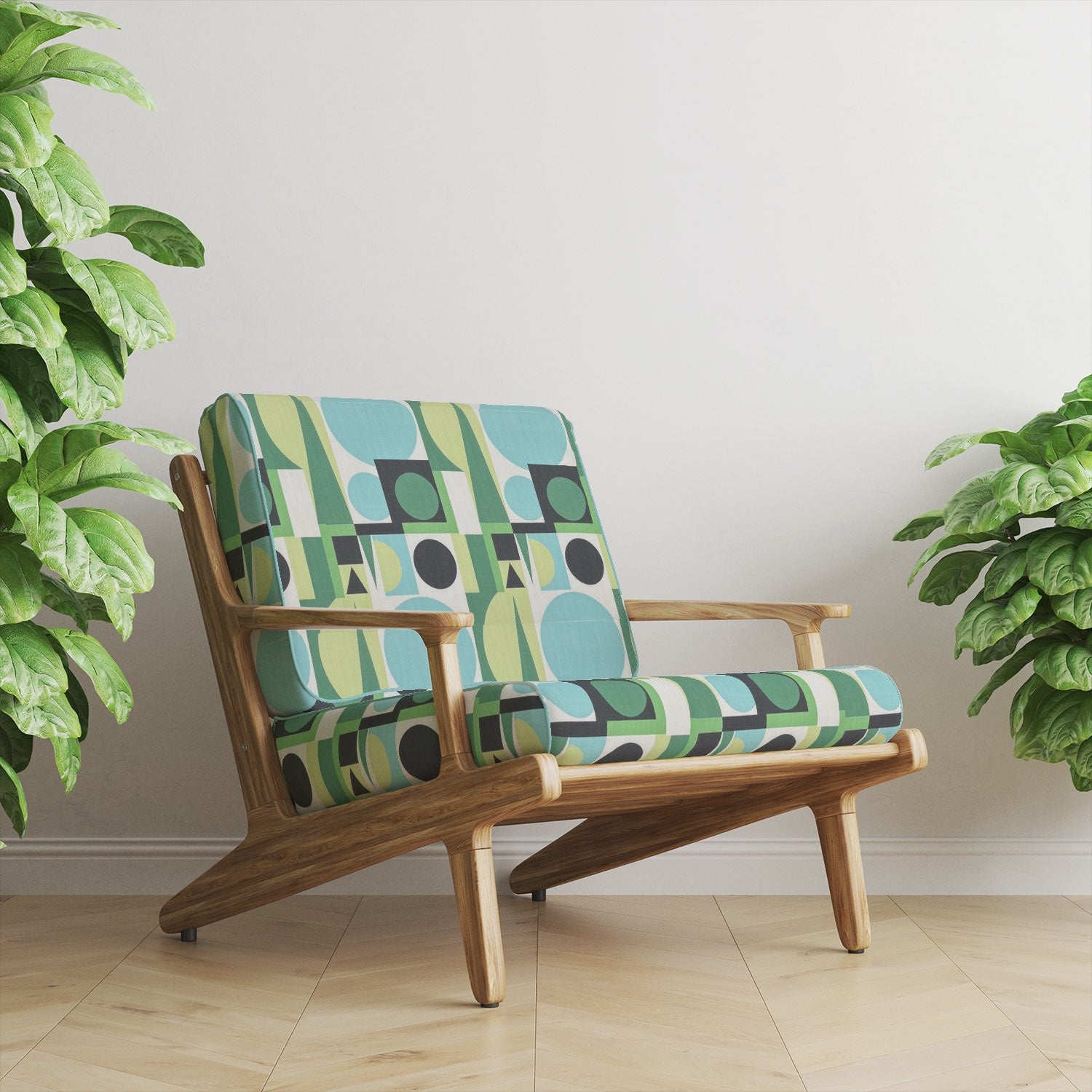 Armchair upholstered in Malaga No.22 geometric cubist design upholstery fabric