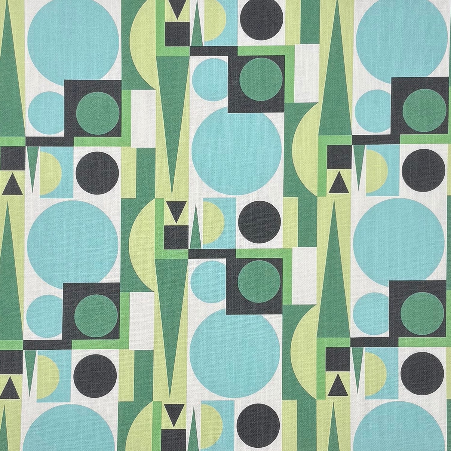 Malaga No.23 geometric cubist design green and blue upholstery fabric flat view