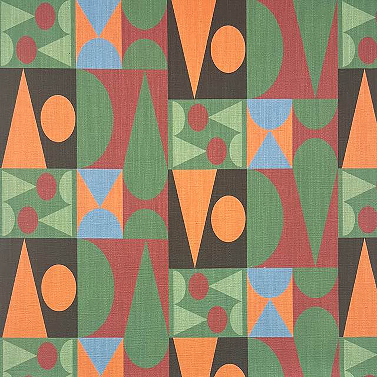 Green cubist upholstery fabric with geometric shapes and retro palette – Malaga No.5 flat lay