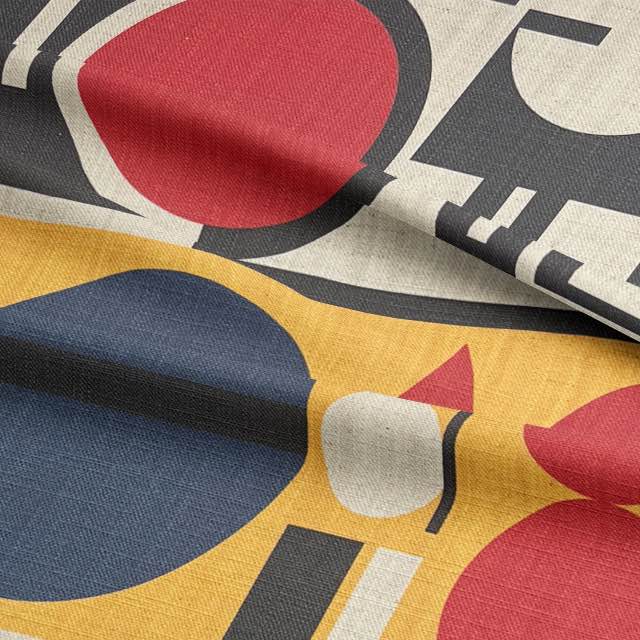 Close-up of cubist fabric with red, navy, and yellow abstract pattern – Malaga No.9