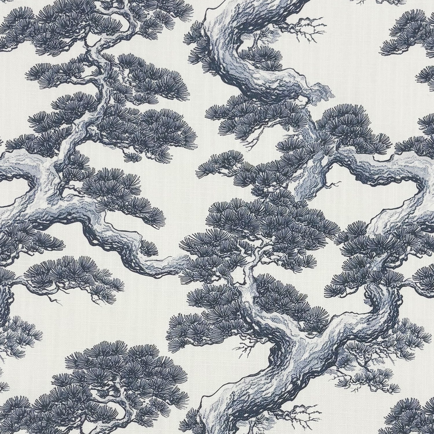 Mori No.10 Linen Curtain Fabric flat view featuring Japanese pine tree design in blue on ivory background