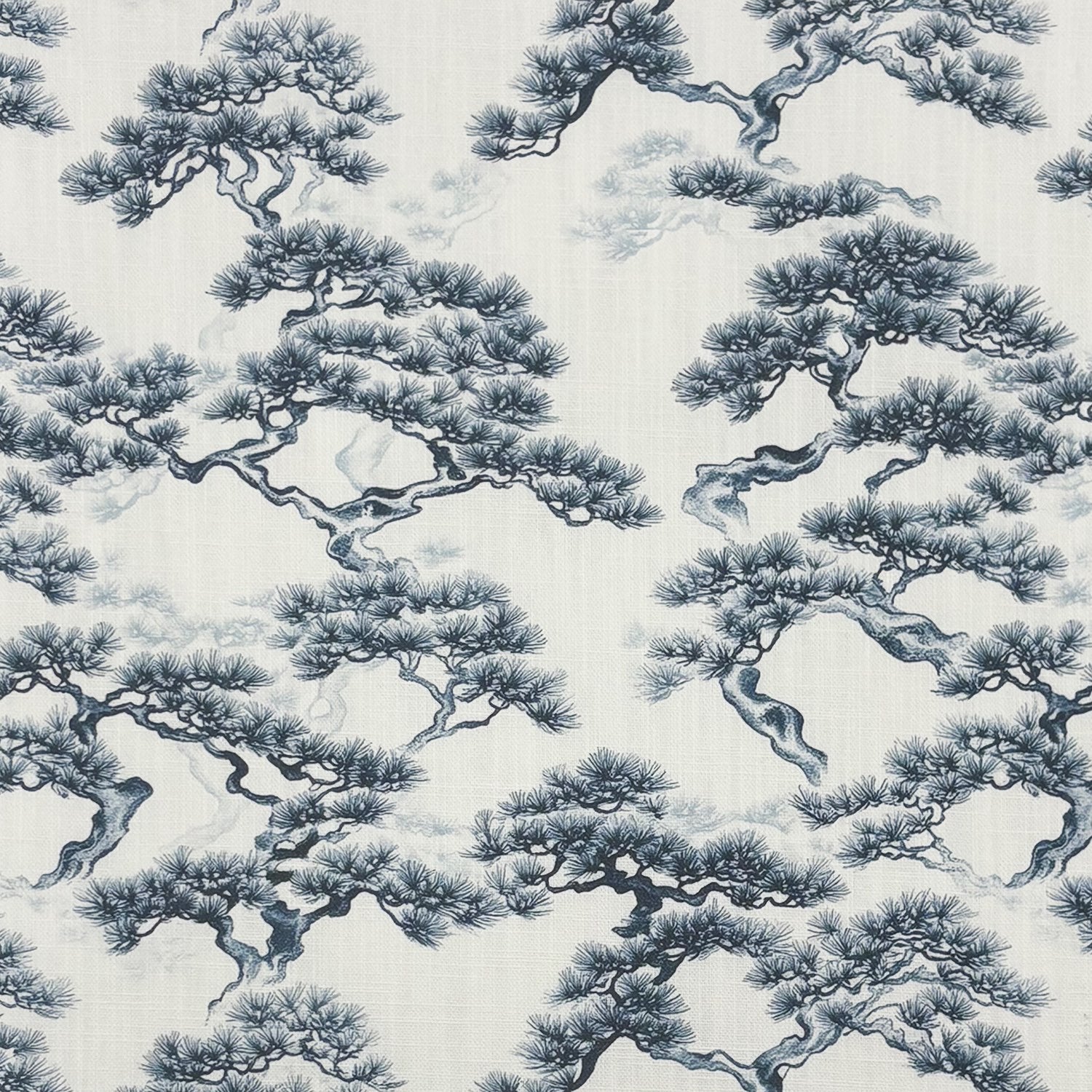 Mori No.12 Japanese curtain fabric with blue pine tree design on linen background