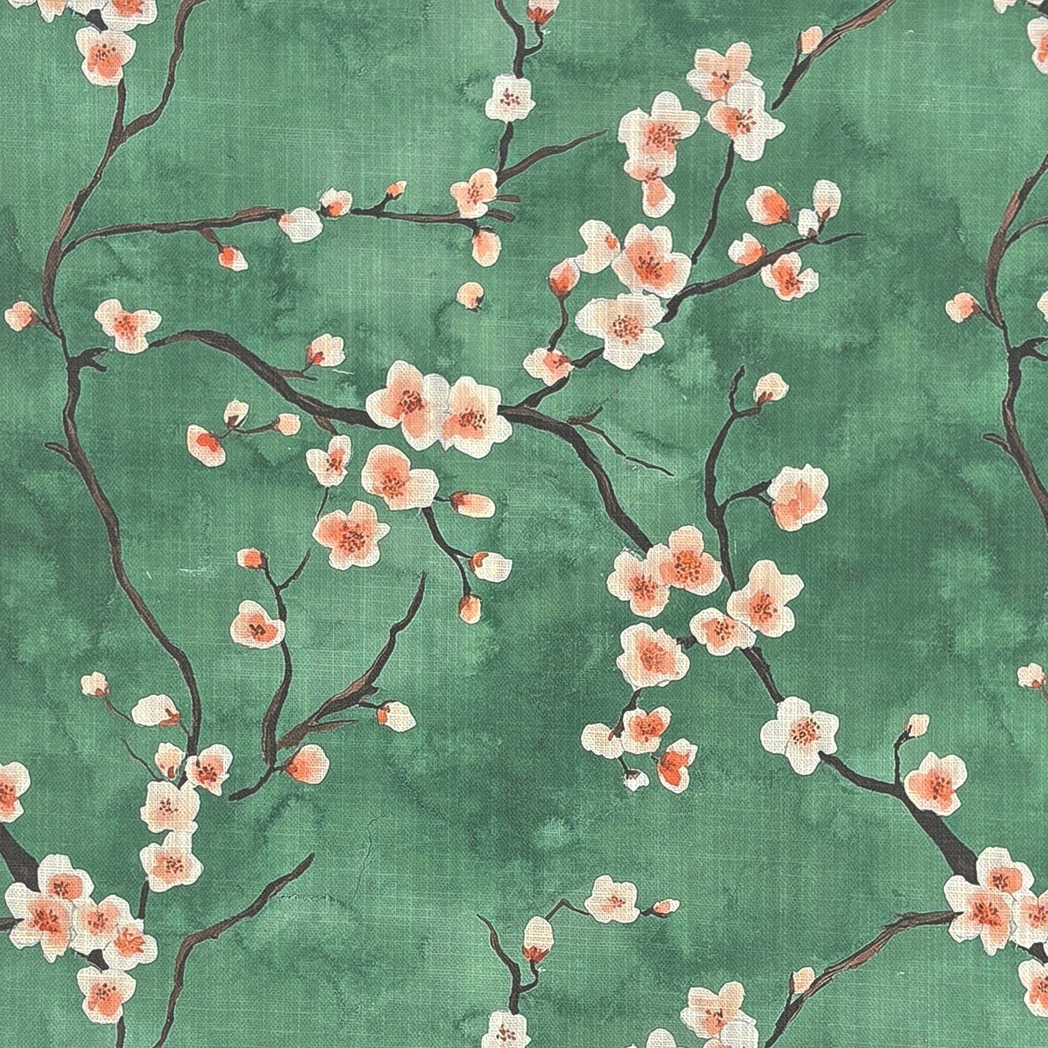 Mori No.5 linen curtain fabric flat image featuring Japanese cherry blossom branches on green background