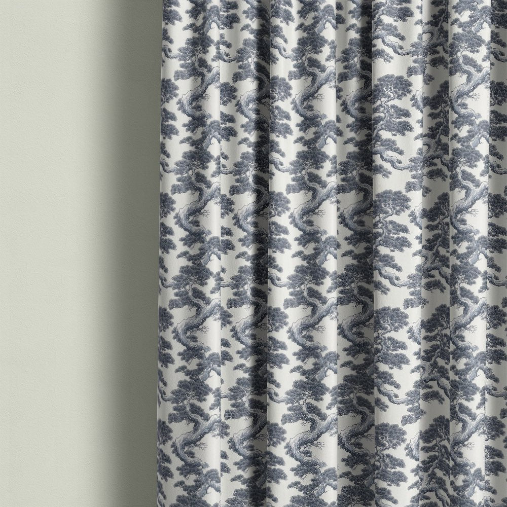 Mori No.10 Linen Curtain Fabric made into curtains showing flowing Japanese tree pattern with soft linen drape