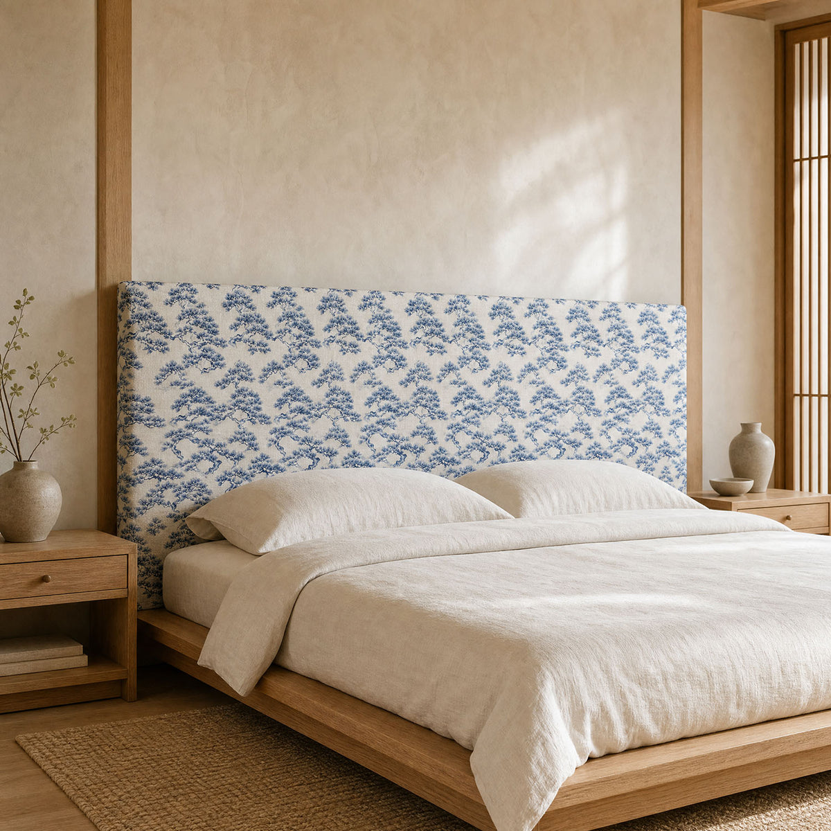 Mori No.12 blue Japanese Crib5 velvet upholstery fabric styled on a headboard