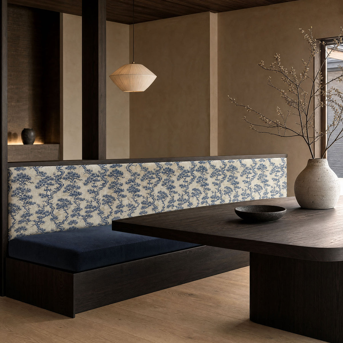 Mori No.13 blue Japanese velvet upholstery fabric shown on an upholstered bench