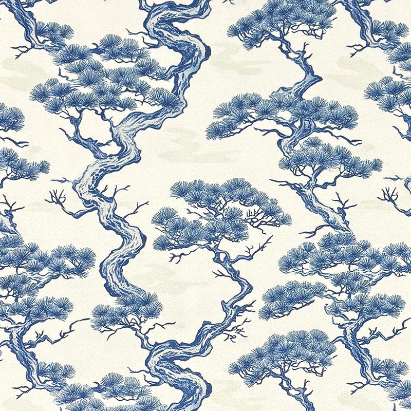 Blue and white Mori No.13 Crib5 velvet fabric with Japanese pine toile style print