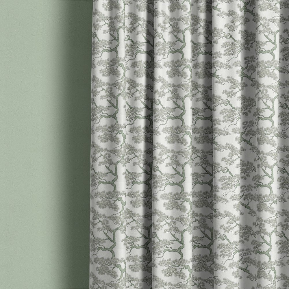 Mori No.14 linen curtain fabric curtains – Japanese inspired tree pattern curtain fabric in green tones