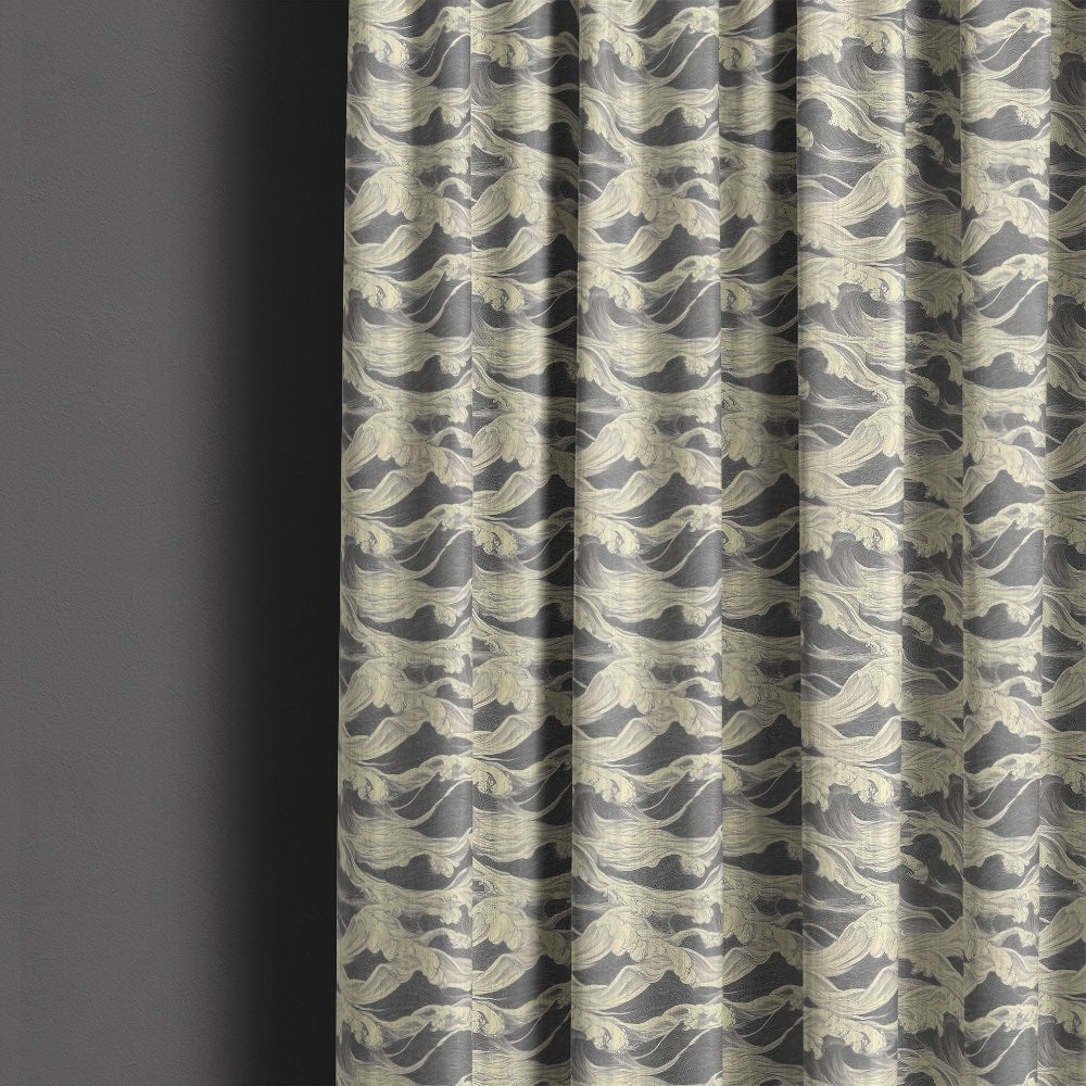 Mori No.15 linen curtain fabric with Japanese wave design in soft grey tones