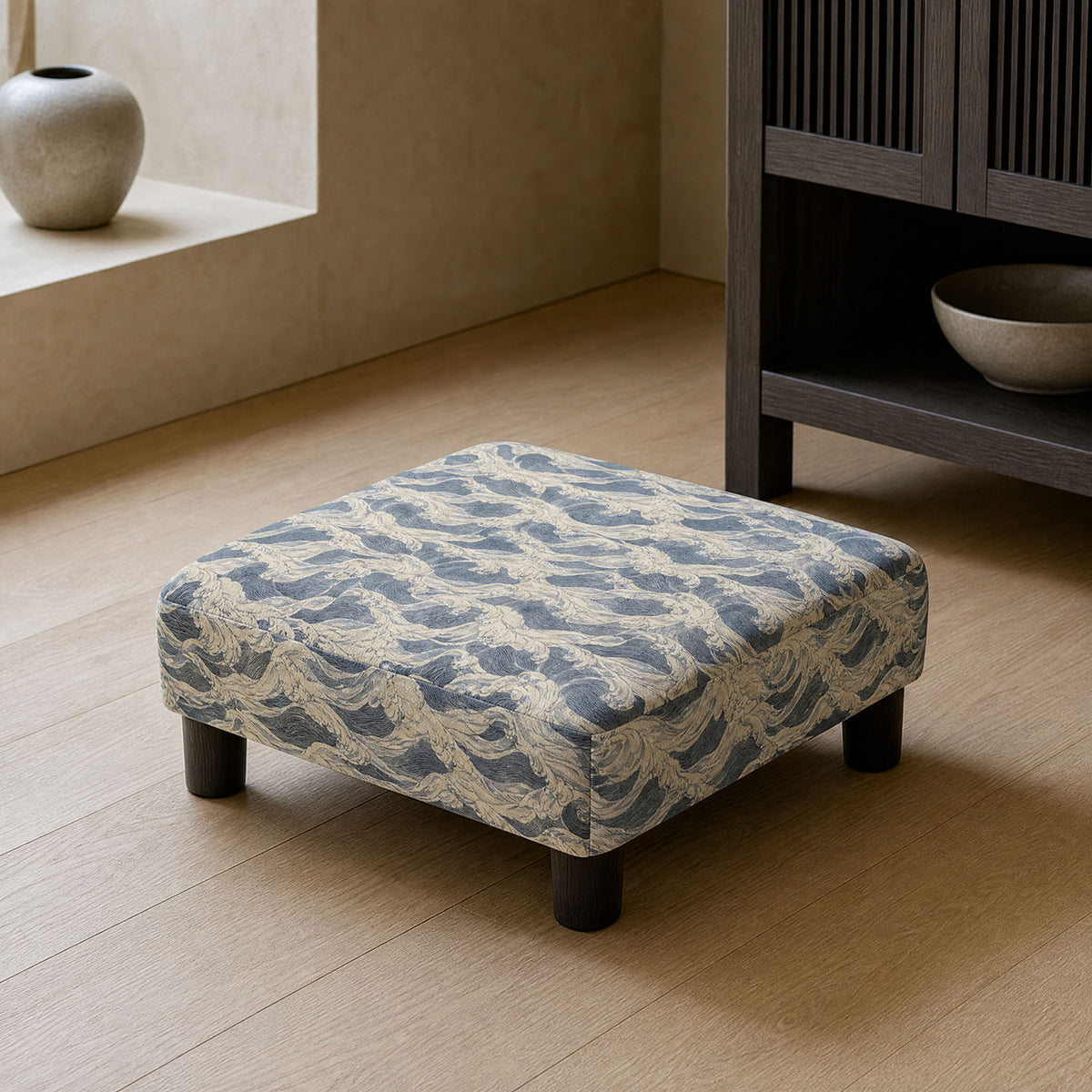 Mori No.15 Japanese wave Crib5 velvet fabric shown on an upholstered stool