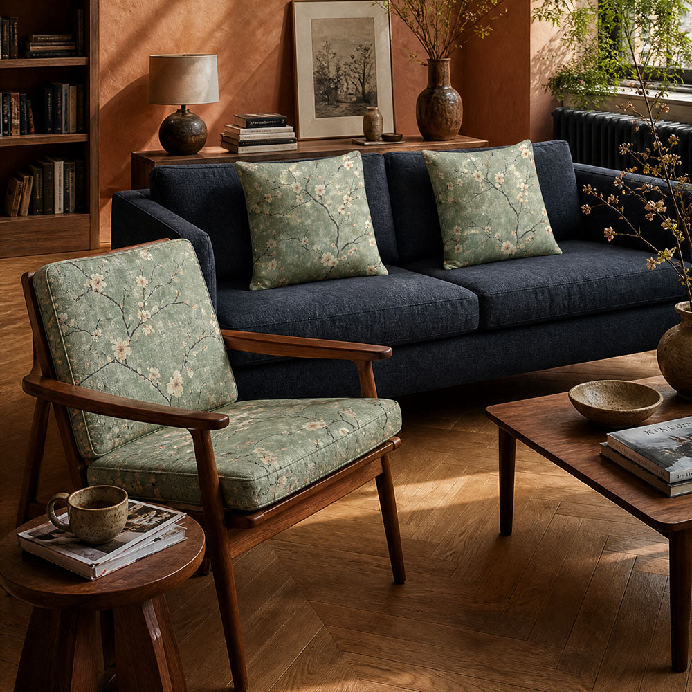 Japanese inspired upholstery fabric featuring delicate blossom branches and floral detailing in soft sage green and ivory tones upholstered onto cushions and a mid-century accent chair