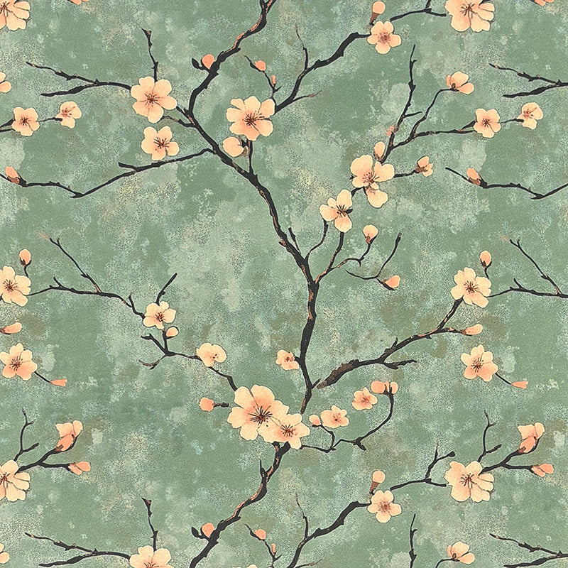 Green Mori No.16 Crib5 velvet fabric with peach Japanese blossom print