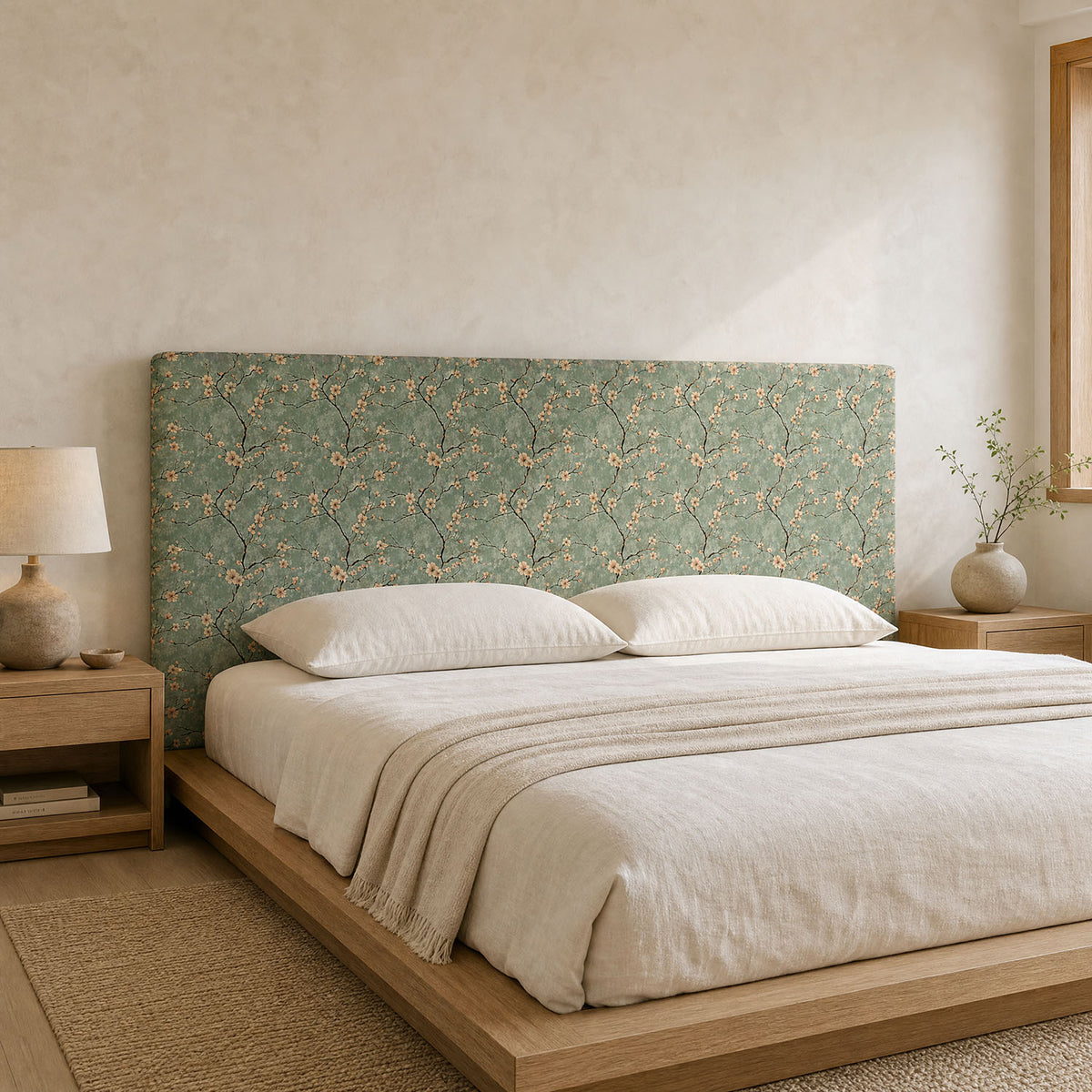 Mori No.16 green blossom Crib5 velvet fabric shown on an upholstered headboard