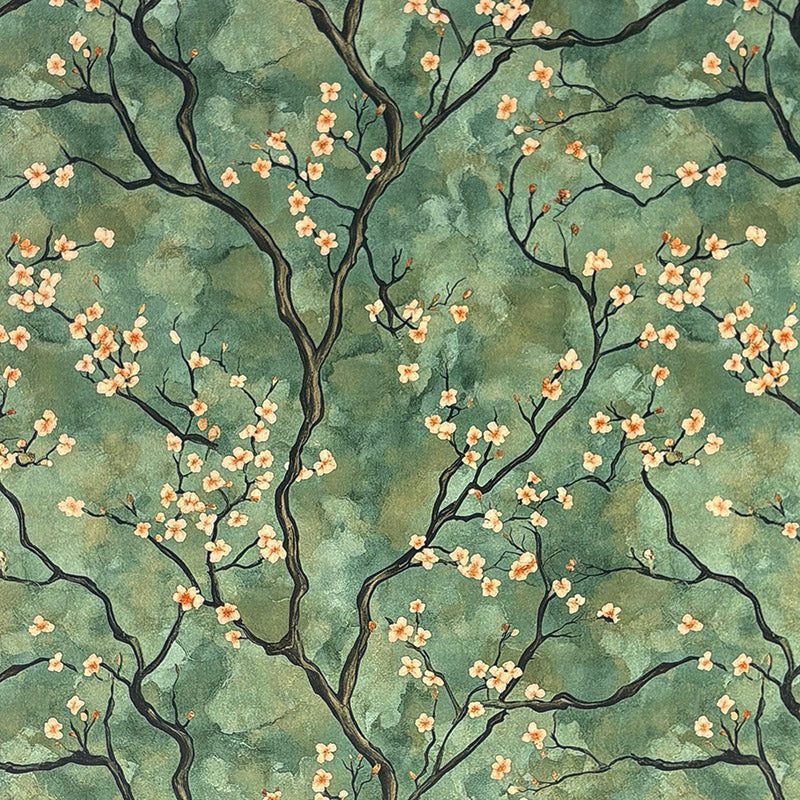 Deep green Mori No.17 Crib5 velvet fabric with printed Japanese blossom branches