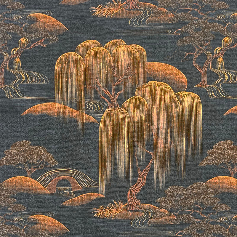 Japanese upholstery fabric with willow tree landscape design in charcoal and copper tones detailed printed pattern