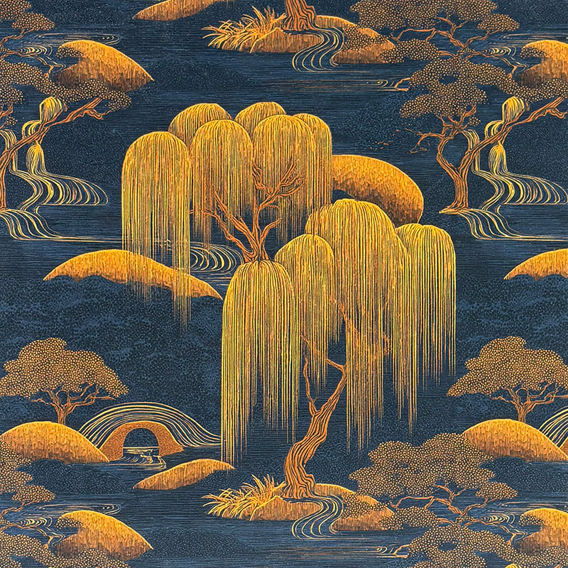 Navy and gold Mori No.18 Crib5 velvet fabric with Japanese willow landscape print