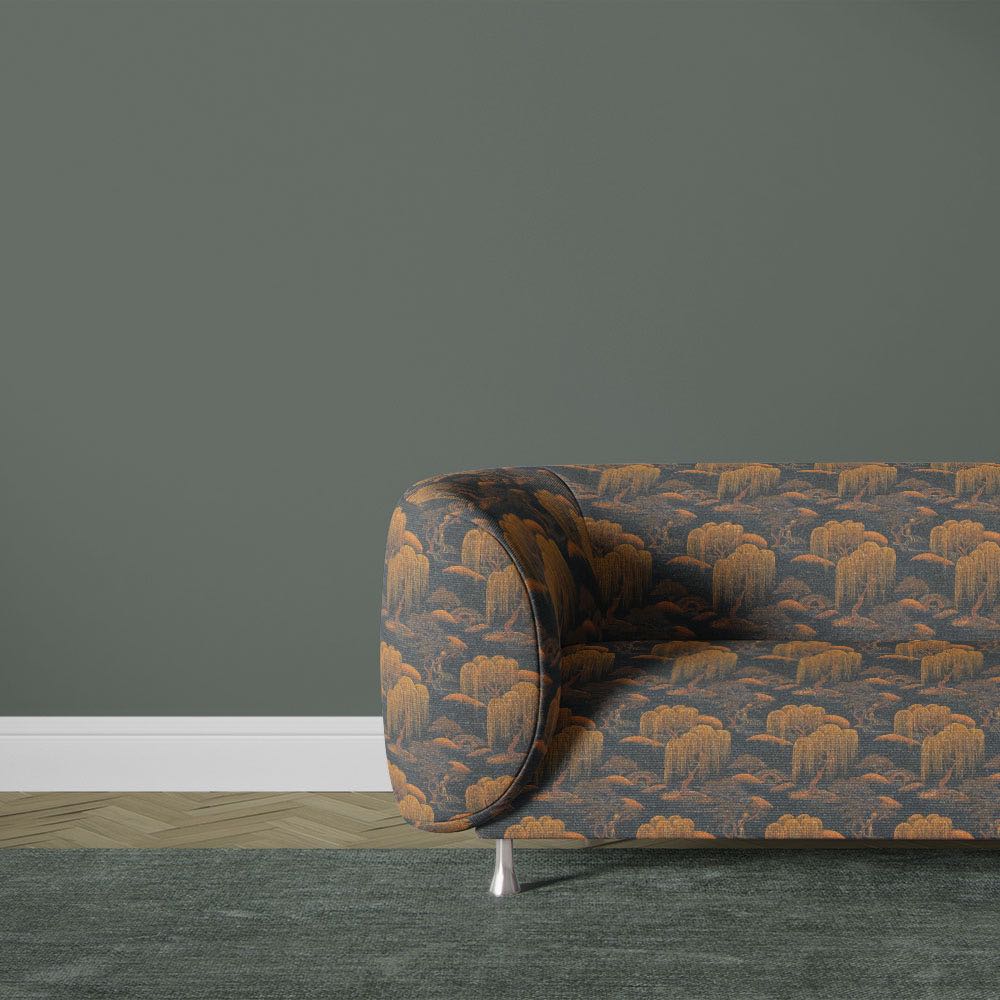 Japanese inspired upholstery fabric sofa with willow tree landscape pattern in dark charcoal and warm amber tones