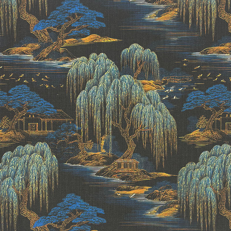 Japanese blue upholstery fabric with willow tree landscape, bridges and detailed scenic printed design on dark background