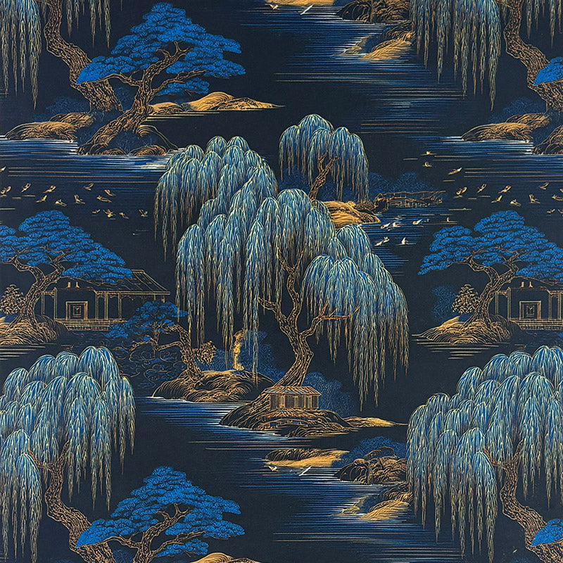 Blue navy and gold Mori No.19 Crib5 velvet fabric with Japanese willow landscape print