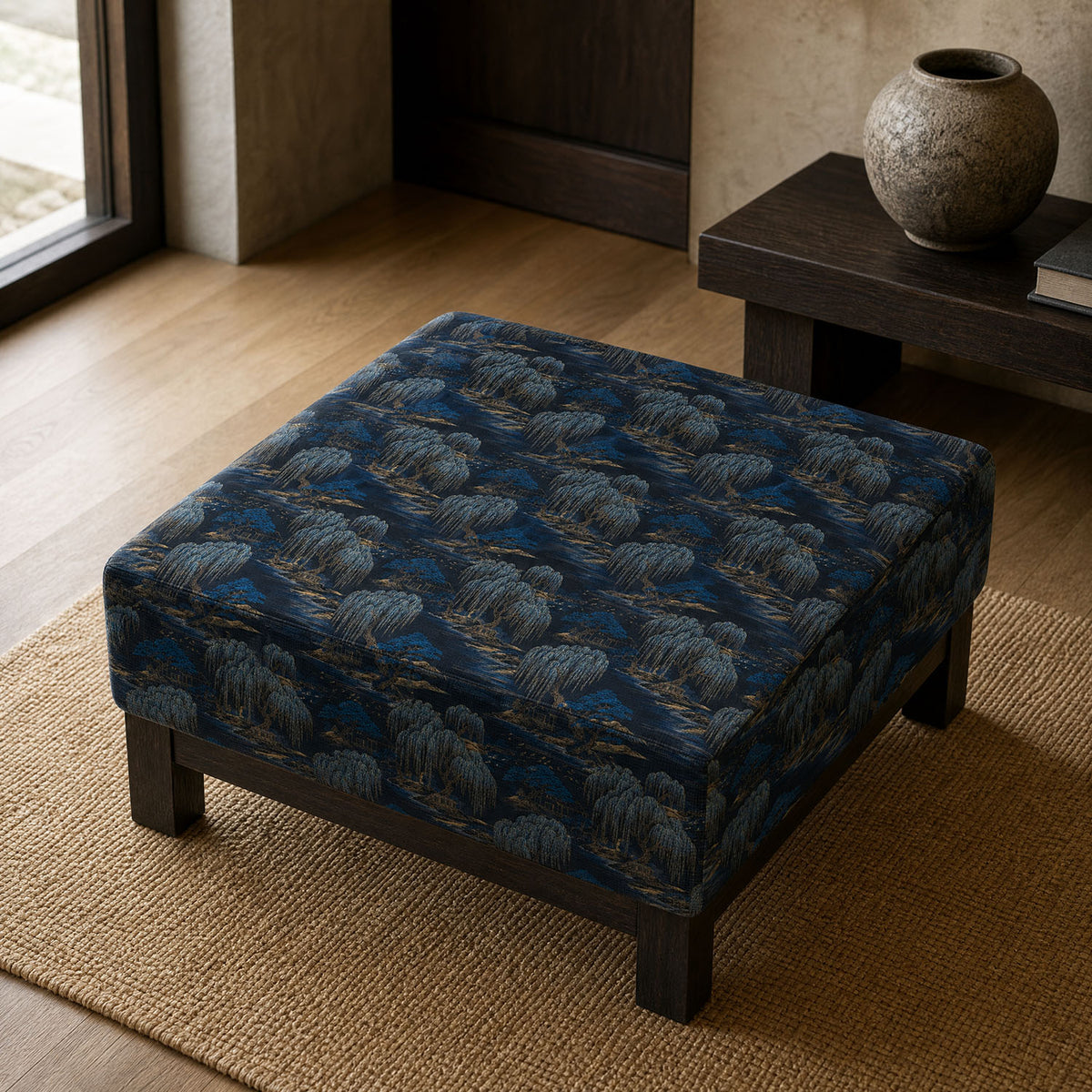 Mori No.19 dark Japanese landscape Crib5 velvet fabric shown on an upholstered stool