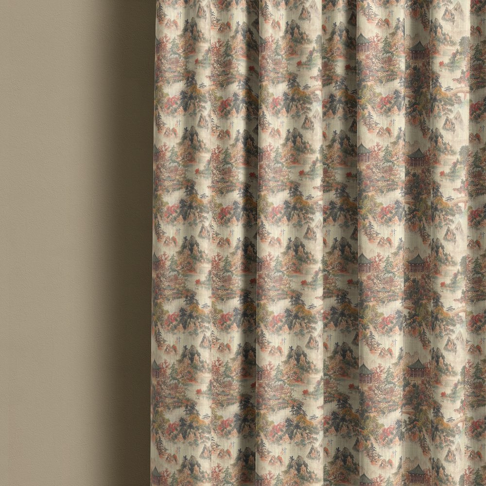 Mori No.1 linen curtain fabric made into full length curtains with Japanese nature inspired pattern