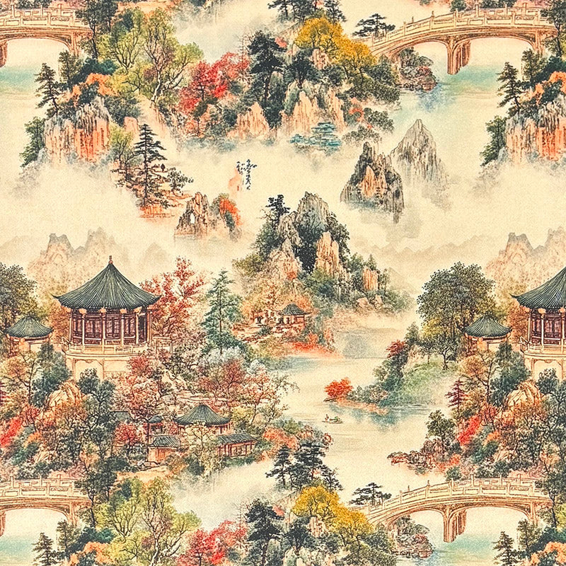 Mori No.1 neutral green Crib5 velvet fabric with Japanese landscape print for commercial upholstery