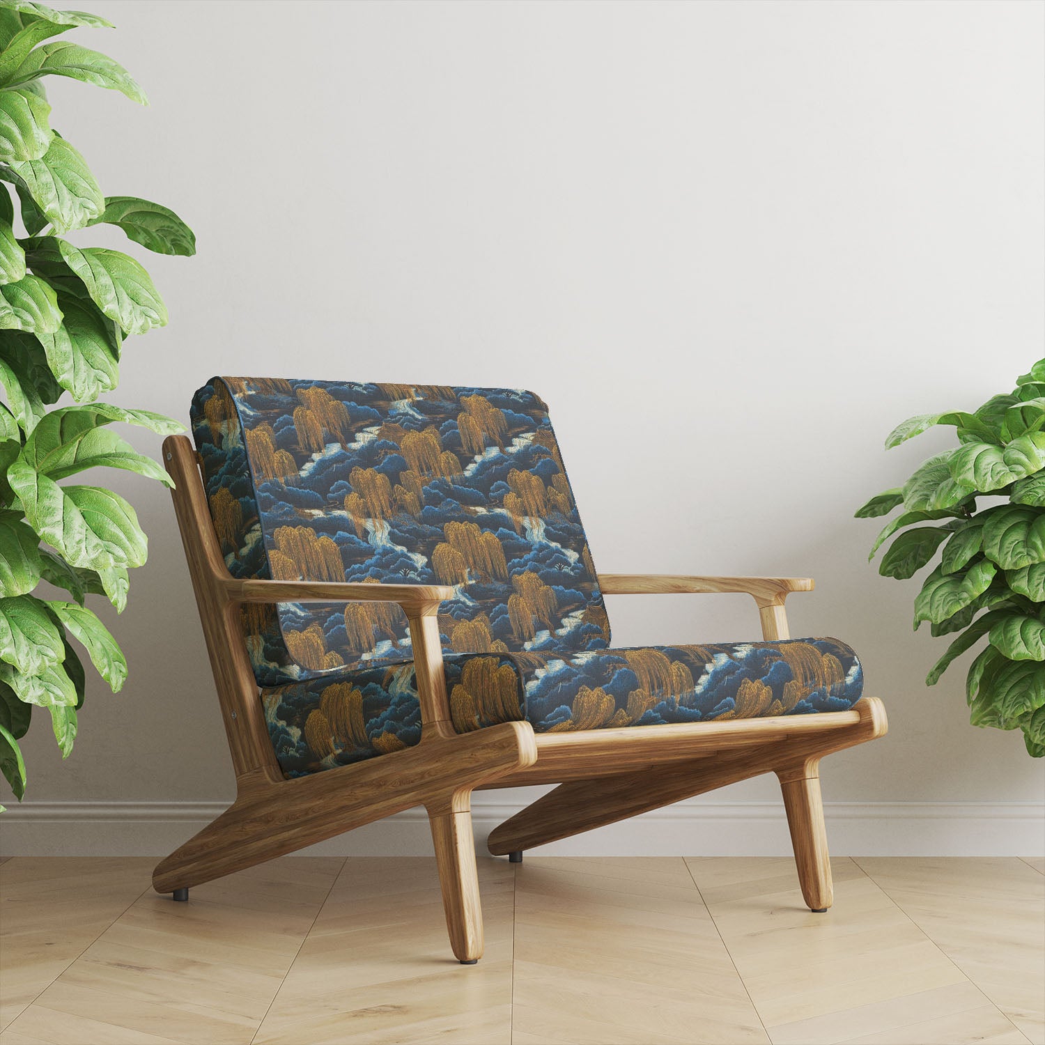 Blue Japanese upholstery fabric armchair with detailed landscape pattern featuring trees, water and architectural elements