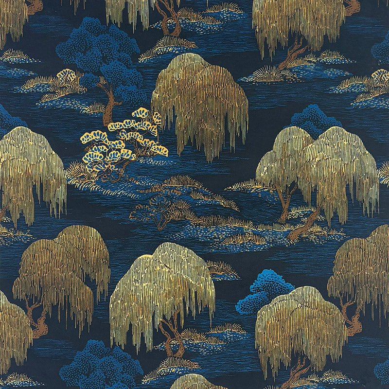 Mori No.21 navy and gold Crib5 velvet fabric with Japanese willow landscape print