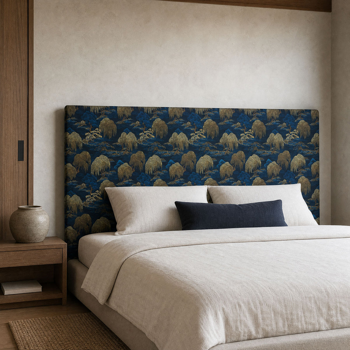 Mori No.21 Crib5 velvet fabric shown on a luxury upholstered headboard for contract interiors